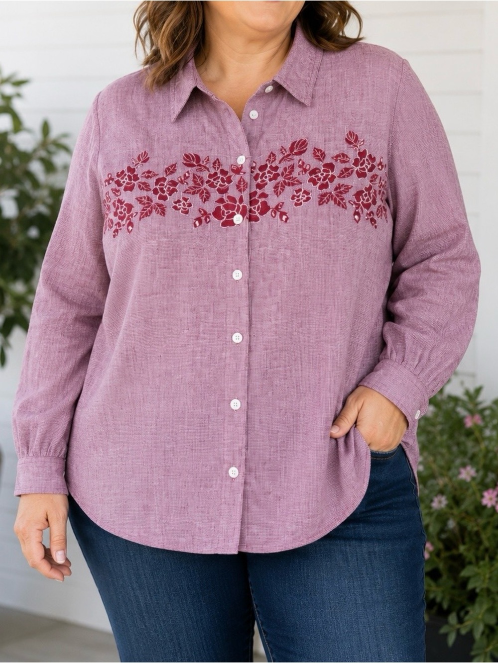 Capistrano Jeans Red Embroidered Floral Button Down Shirt Size 18/20 100% Cotton